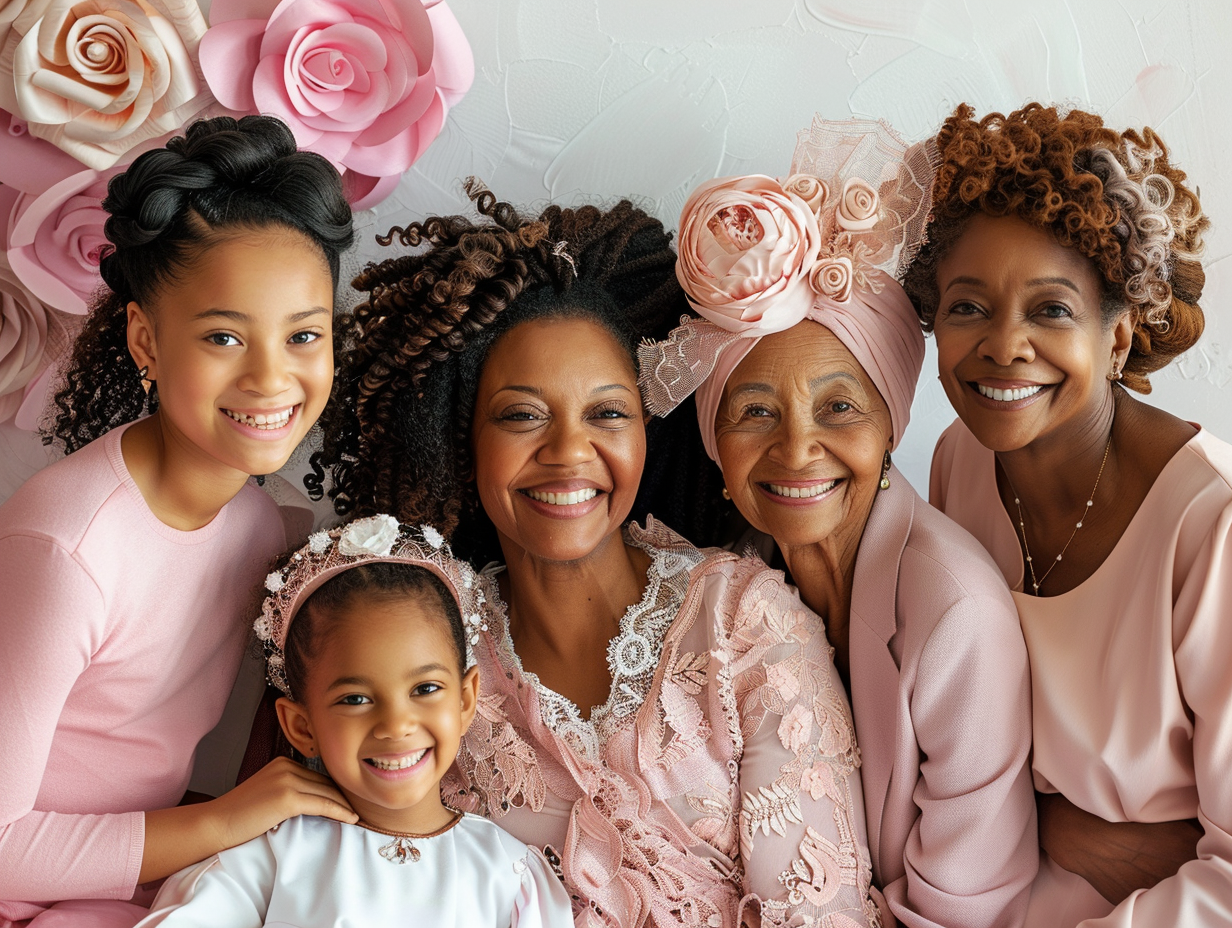 An image of five women representing Distinctively Her's reach from a young girl, to a teen, to an adult woman, an older women and a more senior grandmother.