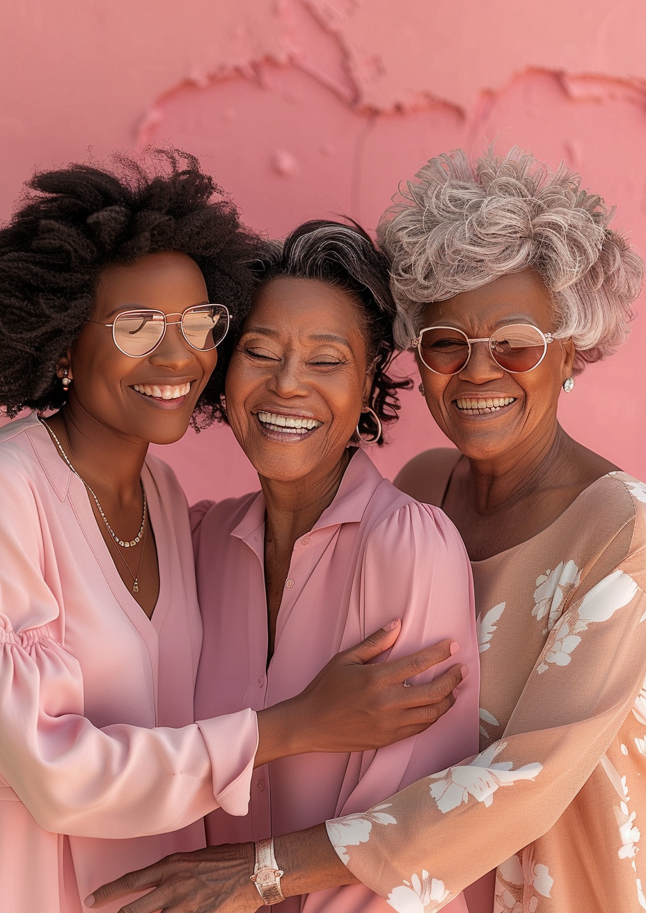 Three adult women of various ages enjoying time together posing for the picture.
