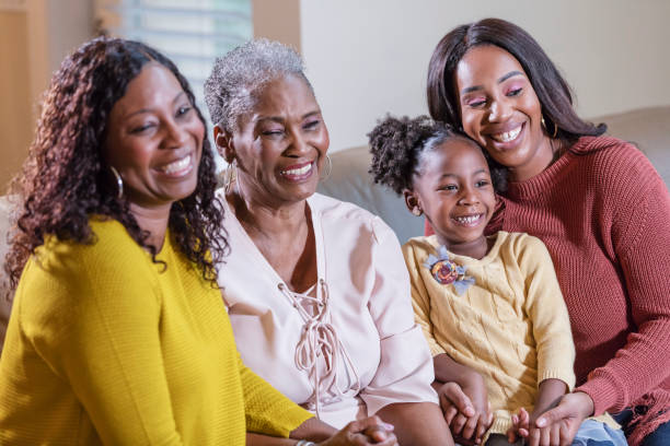 A multi-generational image of four beautiful women starting from a young child, then a teen, then a grown woman, then an older woman.